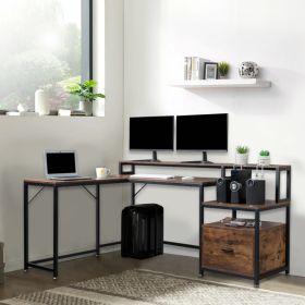 FCH Retro Wood Grain Triamine Surface Particleboard Black Iron Pipe L-shaped Shelf with File Drawer Cabinet 2*USB Port 2*Three Sockets Wireless Chargi