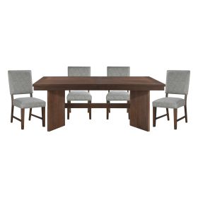 Walnut Finish Modern Dining Set 5pc Table with Self-Storing Extension Leaf and 4 Chairs Upholstered Wooden Furniture