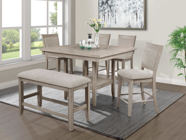 6pc Dining Set Contemporary Farmhouse Style Counter Height w 20-Inch Lazy Susan All Gray Finish Upholstered Chairs Bench Wooden Wood Veneers Solid Woo