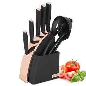 Kitchen Knife Set, 9-Pieces Sharp Stainless Steel Chef Knife Set with Block for Kitchen, Knife Block Set with Silicone Cooking Utensils, Slotted Spoon