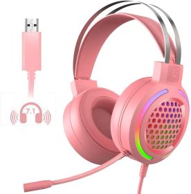 US Gaming Headset 7.1 Channel Headphones RGB for PC Laptop PS4 Computer Music (Color: Pink)